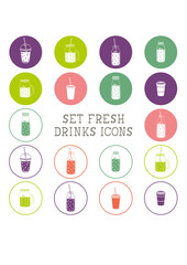 set of icons - smoothie, coffee to go, frappe, juice, cocktail, lemonade,  mason jar, other fresh drinks, bottle. Multicolor and white