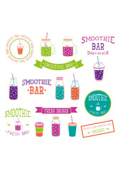 set of icons, logo, elements, symbols, emblems and labels  - smoothie, coffee to go, frappe, juice, fruits cocktail, lemonade,  mason jar, other fresh drinks, bottle. Multicolor and neon