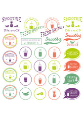 set of icons, logo, elements, symbols, emblems and labels  - smoothie, coffee to go, frappe, juice, fruits cocktail, lemonade,  mason jar, other fresh drinks, bottle. Multicolor and white.
