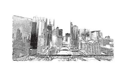 Hand drawn sketch of Chicago skyline, big city, architecture, engraving in vector illustration. - obrazy, fototapety, plakaty