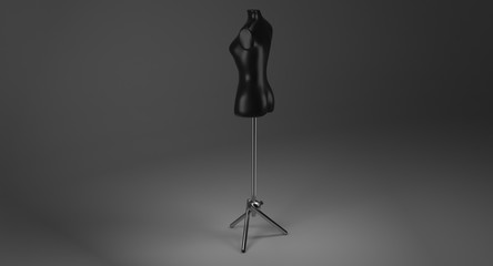 3D rendering - female black mannequin on metal stand for dressmaker isolated on black background.