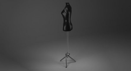3D rendering - female black mannequin on metal stand for dressmaker isolated on black background.