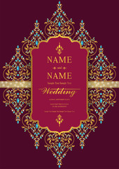Wedding Invitation card templates with gold patterned and crystals on background color. 