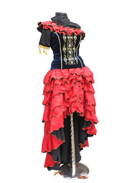 Colorful stylized spanish medieval costume clothes on mannequin isolated