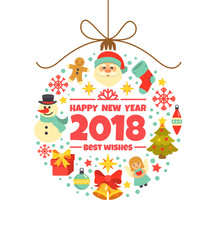 Happy New Year 2018 greeting card. Vector illustration with Christmas toy consisting of Christmas symbols and icons, including Santa, presents, snowman, gingerbread man and bells, isolated on white.