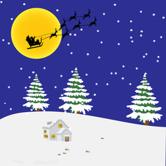 Christmas night with chrismas tree and santa claus and reindeers and home