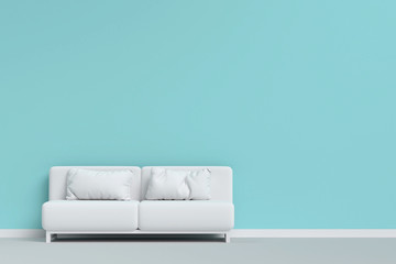 white sofa with pillow on the floor in mint green living room. minimal style concept.