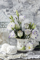 marshmallow, cage, cup, dessert, romance, tenderness, love, postcard, closeup, arrangement, pink, petal, bloom, natural, leaf, wooden, summer, beauty, decoration, blossom, color, fresh, green, plant, 