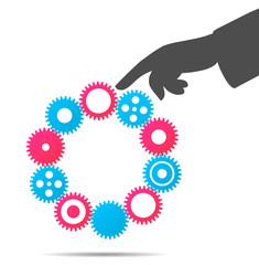 Abstract gears and silhouette of a hand