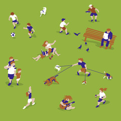 Vector Illustration of people playing, exercising and enjoying in park. Characters set.