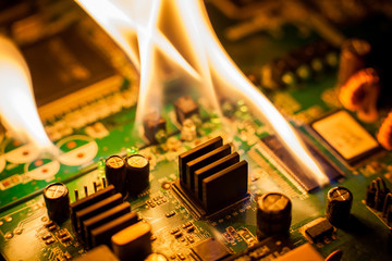 fire Burning circuit board with electronic