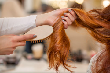 Fototapeta premium Hairdresser combing her long, red hair of his client in the beauty salon. Professional hair care and creating hairstyles.