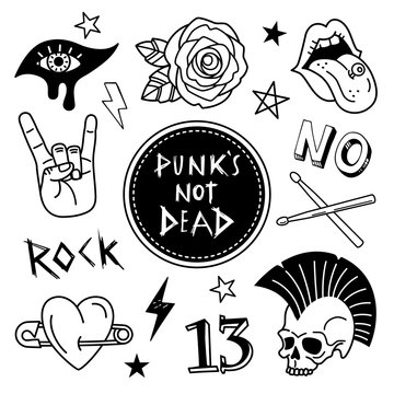 Punk Icons Collection. Vector Illustration Of Grunge And Rock Music Symbols, Such As Rose, Skull, Open Mouth With Tongue, Heart On Pin, Eye With Make Up And Drumsticks. Isolated On White.