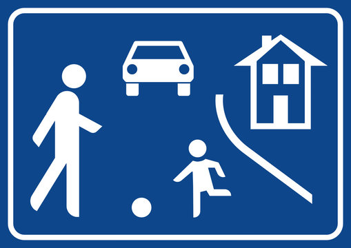 gz53 GrafikZeichnung - german: Verkehrsberuhigter Bereich - spielende Kinder - english: traffic calming zone - (living streets) - sign - DIN A2 A3 A4 Poster - xxl blue g5673