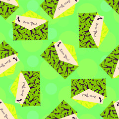 Cute seamless love pattern with letters, envelopes, hearts and post stamp imprints on green background. I love you. Backdrop texture design for web, print and textile.