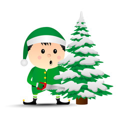 Merry christmas. Vector elf. Christmas tree.