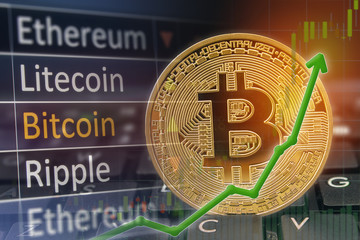 Bitcoin exchange concept.  Currency and financial market values.  Copyspace for text.