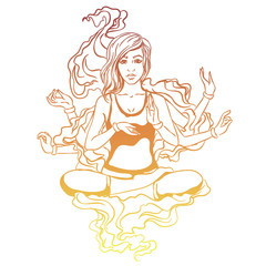 Vector illustration of a yoga girl in a lotus pose. The girl is engaged in yoga, reaches enlightenment. Four-armed goddess, entrance to catharsis.