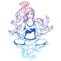 Vector illustration of a yoga girl in a lotus pose. The girl is engaged in yoga, reaches enlightenment. Four-armed goddess, entrance to catharsis.