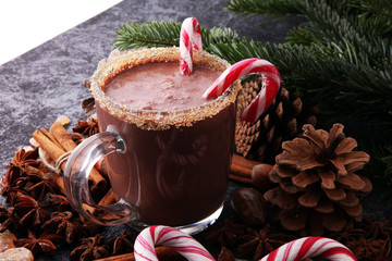 Traditional Christmas drinks. North Pole Cocktail with candy cane sweets, peppermint, hot chocolate or cocoa, ginger ad milk