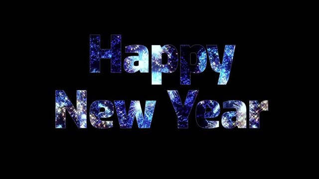 beautiful blue fireworks through the text Happy New Year. Composition for the new year celebration. Bright fireworks, amazing light show.2