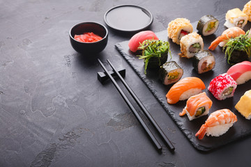Sushi and rolls background, japanese cuisine