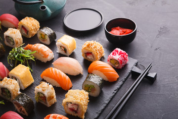 Sushi and rolls background, japanese cuisine