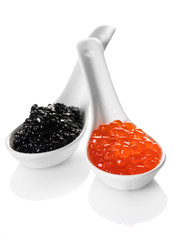 red and black caviar in spoon