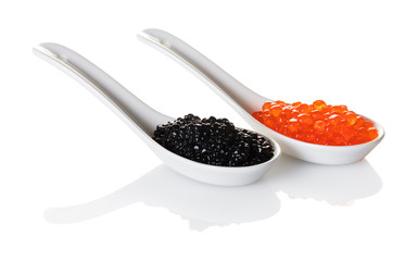 red and black caviar in spoon