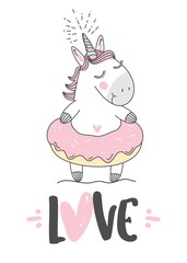 unicorn illustration with hand lettering text "love".