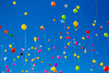 Multicolored balloons fly in the blue sky