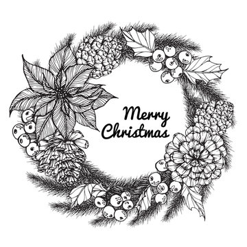 Wreath flower drawing illustration for Merry Christmas'day. With line art black and white.