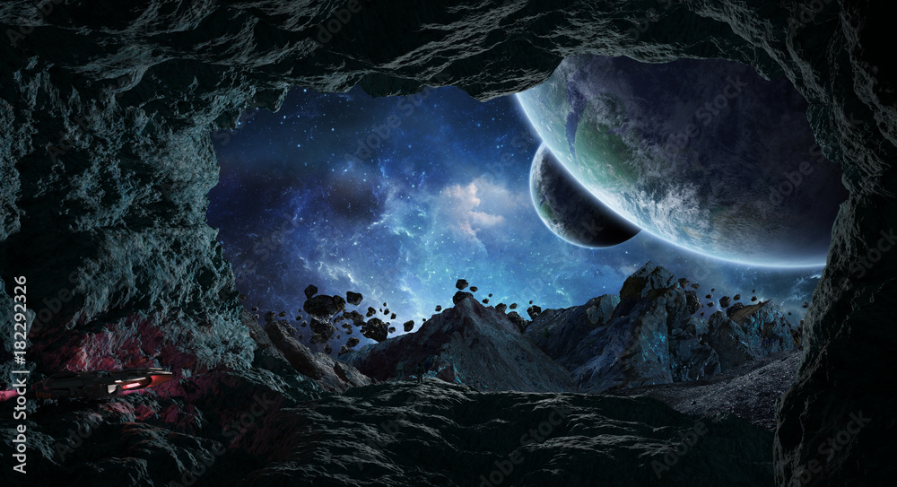 Poster Astronauts exploring a cave in asteroid 3D rendering elements of this image furnished by NASA