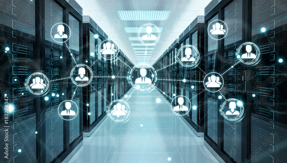 Aufkleber Social network over server room data center 3D rendering
