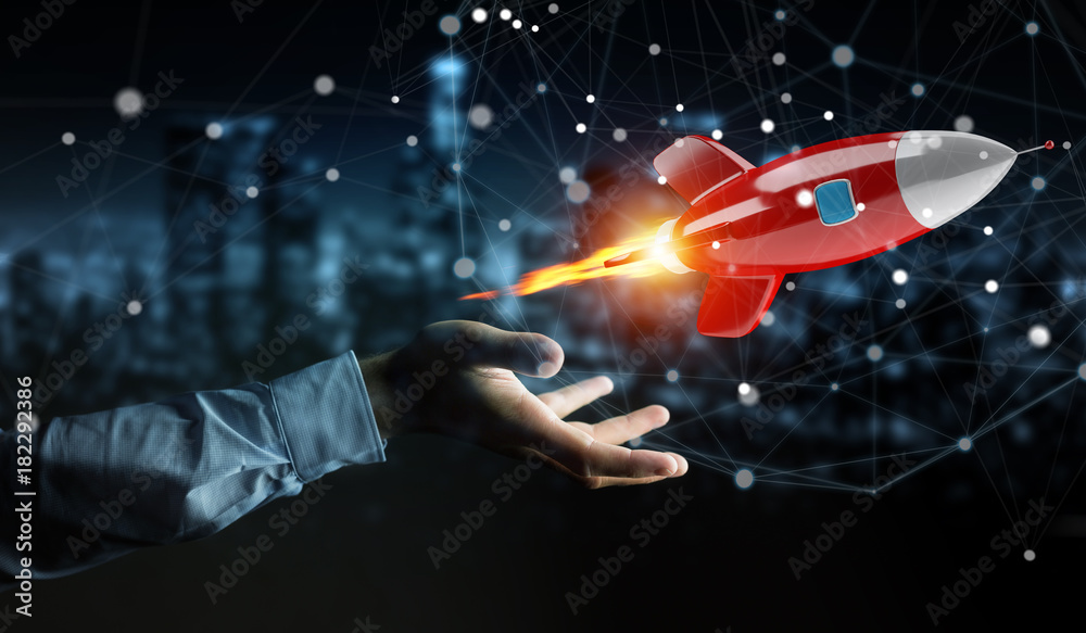 Poster businessman holding and touching a rocket 3d rendering