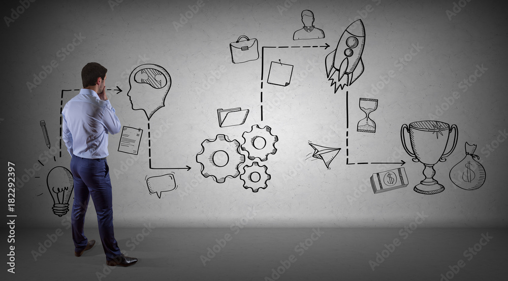 Poster businessman watching a project sketch on a wall 3d rendering