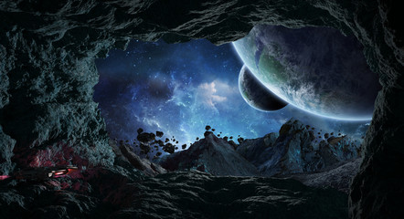Astronauts exploring a cave in asteroid 3D rendering elements of this image furnished by NASA