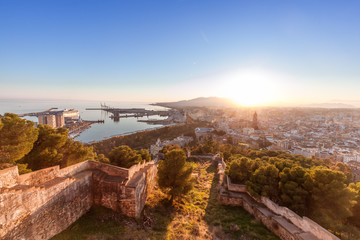 Malaga colorful sunset landmark from Gibralfaro castle