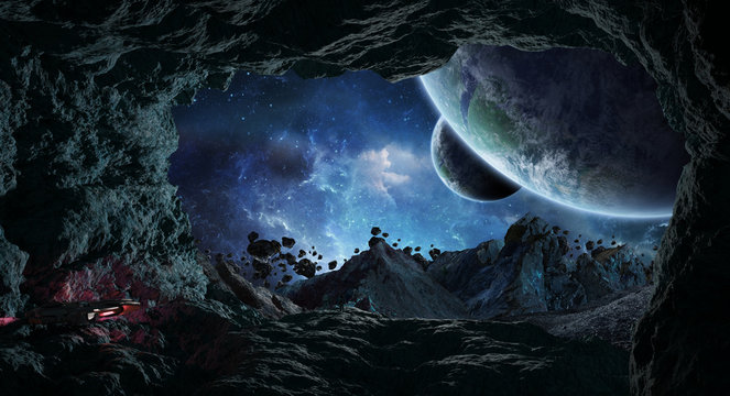 Fototapeta Astronauts exploring a cave in asteroid 3D rendering elements of this image furnished by NASA