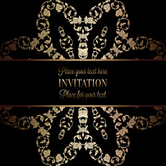 Vintage baroque Wedding Invitation template with damask background. Tradition decoration for wedding. Vector illustration in black and gold