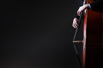 Double bass player. Hands playing contrabass