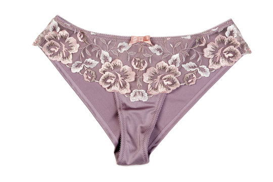 Purple women's lacy panties. Isolate on white