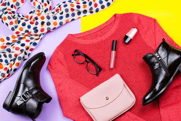 Woman stylish colorful warm clothing and accessories collection. Flat lay