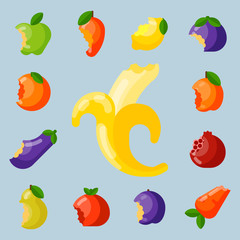 Bitten fruits vitamin food and vegetable cut nutrition agriculture delicious snack vector illustration