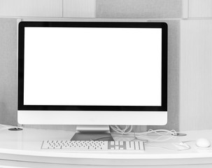 Blank screen computer desktop with keyboard and mouse on working table