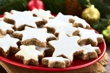 Traditional German Zimtsterne cinnamon stars Christmas cookies made of ground almond, cinnamon, egg white, powder sugar, meringue on top (Selective Focus one third into the cookies)