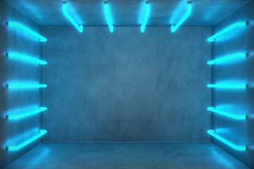 3D Illustration Abstract blue room interior with blue neon lamps. Futuristic architecture background. Box with concrete wall. Mock-up for your design project,