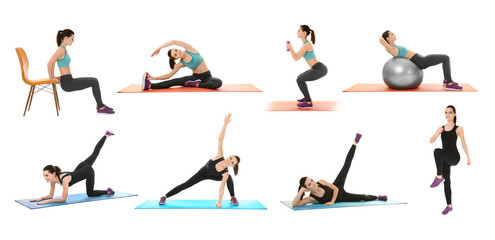 Collage with beautiful young woman doing different exercises on white background