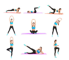 Collage with beautiful young woman doing different exercises on white background