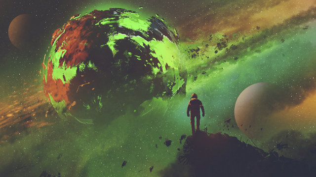 Fototapeta sci-fi concept of an astronaut standing on huge rock looking at the acid planet, digital art style, illustration painting